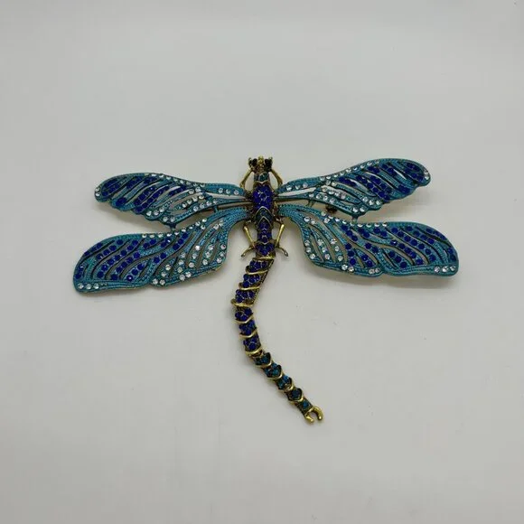 Dragonfly Brooch Articulated Tail Blue Teal Rhinestones Statement 5 inch wide - Picture 4 of 16